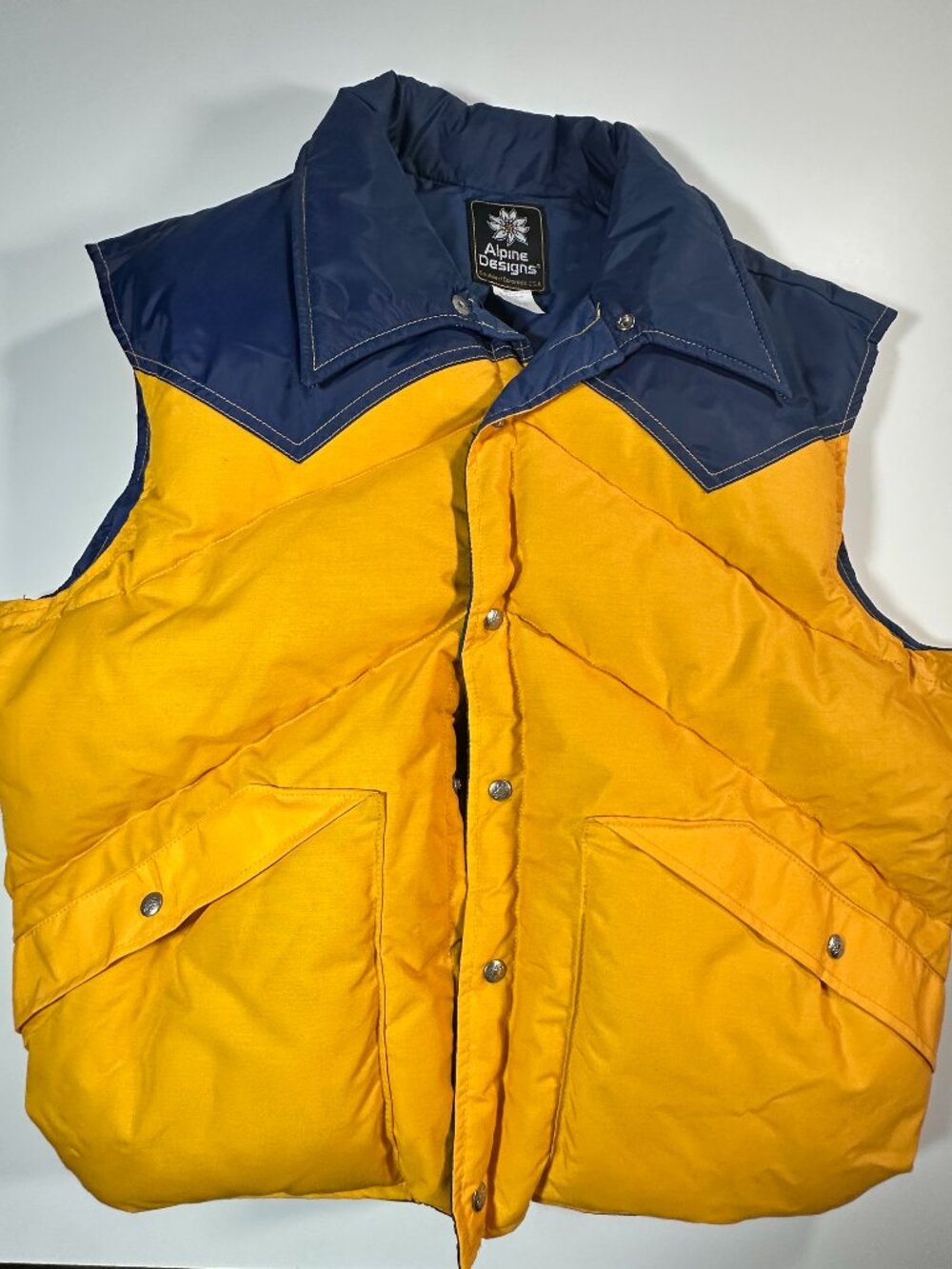 Alpine Designs Puffer Vest Down VTG 70s Yellow Blue Mens XL USA Made Ski Hike